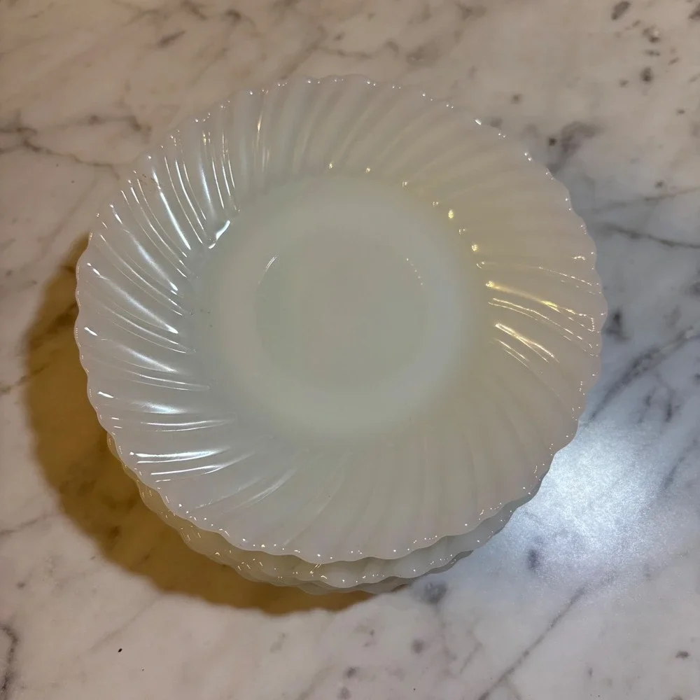 Vintage White Milk Glass Swirl Saucers Set of 8 Scalloped Edge Bread Plates 6in
